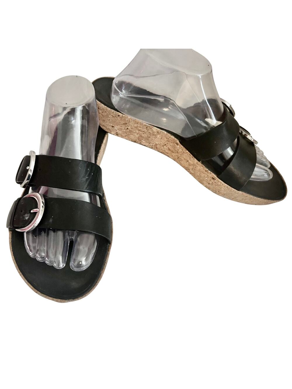 FitFlop Black Leather Cork Wedge Sandals Double Strap Comfort Slides Preppy 10